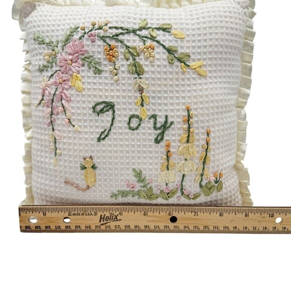 Ribbon Embroidered Throw Pillow Joy Floral Cat Ruffled Edge Cottagecore 9 In - Picture 8 of 8